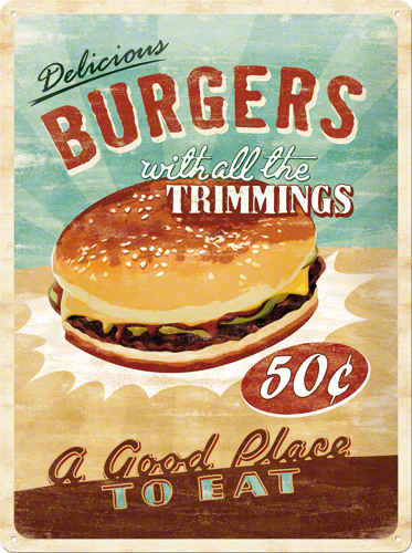 Gebold tin bord:  Delicious burgers with all the trimmings | 30 x 40 cm