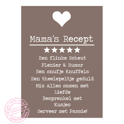 Houten tekstbord – Mama’s Recept – kleur Taupe