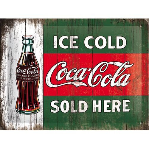 Gebold tin bord:  Coca Cola vintage ice cold sold here | 15 x 20 cm