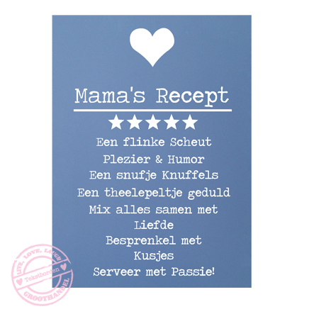 Houten tekstbord – Mama’s Recept – kleur Blauw